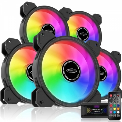 강원전자 넷메이트 Inner Ring ARGB 120mm 쿨링팬(블랙/5PACK + 팬허브 + 리모컨) [EZDIY-FAB] NM-DPR04416